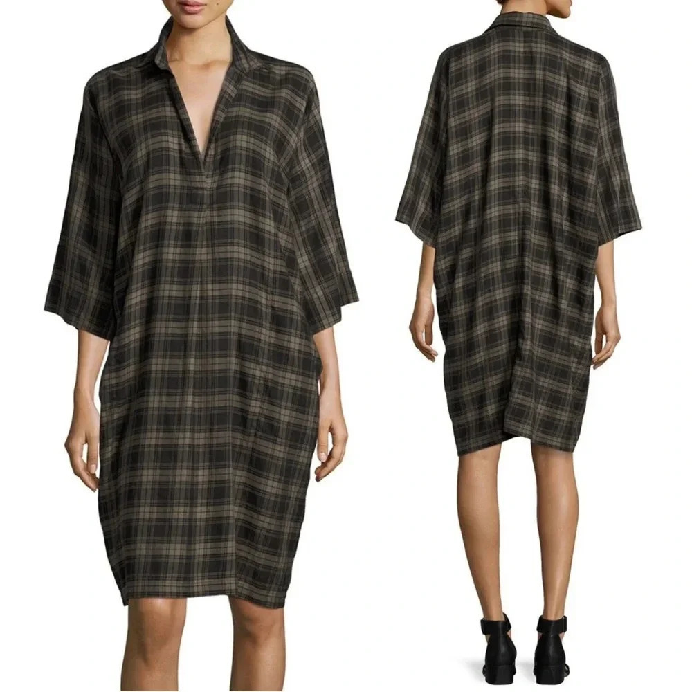 VINCE. Plaid Easy Popover Cotton Dress Military Sz X Small Tunic Collared Boho